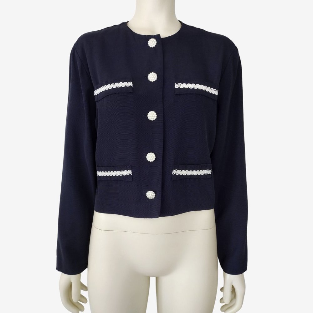 Vintage 1980s Navy Blue White Trim Crew Neck Cropped Lightweight Jacket